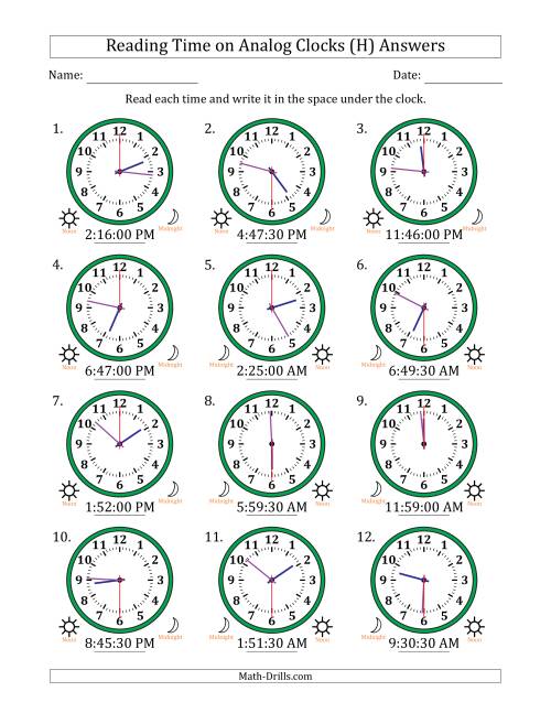 The Reading 12 Hour Time on Analog Clocks in 30 Second Intervals (12 Clocks) (H) Math Worksheet Page 2