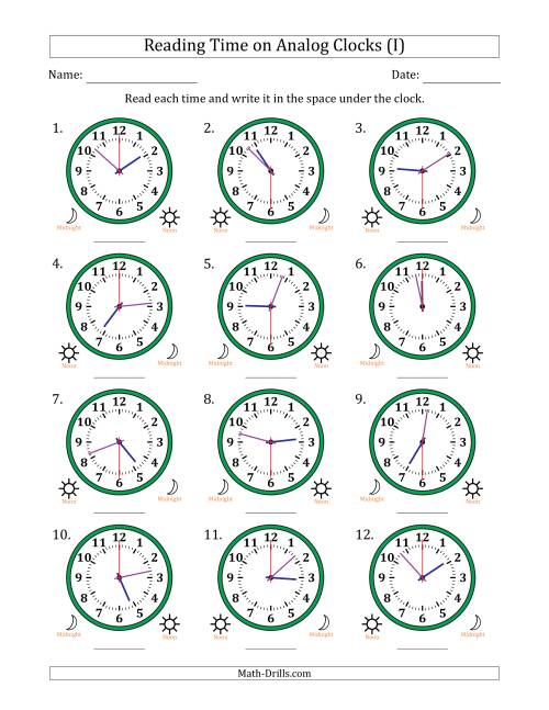 The Reading 12 Hour Time on Analog Clocks in 30 Second Intervals (12 Clocks) (I) Math Worksheet