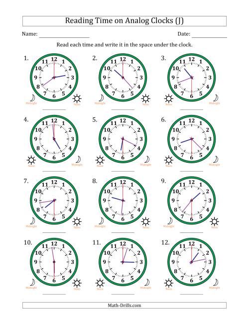 The Reading 12 Hour Time on Analog Clocks in 30 Second Intervals (12 Clocks) (J) Math Worksheet