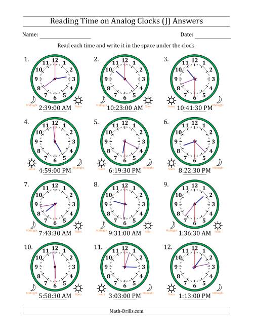 The Reading 12 Hour Time on Analog Clocks in 30 Second Intervals (12 Clocks) (J) Math Worksheet Page 2