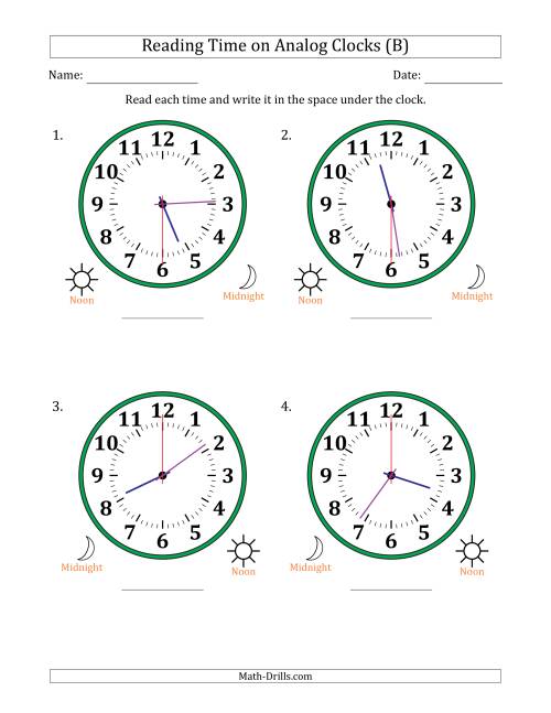 The Reading 12 Hour Time on Analog Clocks in 30 Second Intervals (4 Large Clocks) (B) Math Worksheet