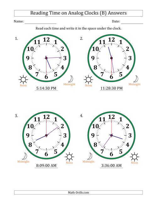 The Reading 12 Hour Time on Analog Clocks in 30 Second Intervals (4 Large Clocks) (B) Math Worksheet Page 2