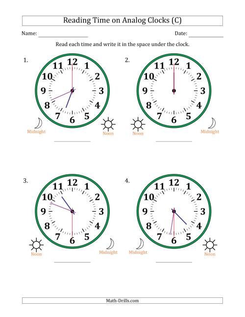 The Reading 12 Hour Time on Analog Clocks in 30 Second Intervals (4 Large Clocks) (C) Math Worksheet