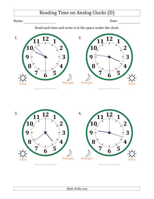 The Reading 12 Hour Time on Analog Clocks in 30 Second Intervals (4 Large Clocks) (D) Math Worksheet