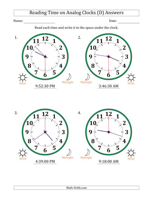 The Reading 12 Hour Time on Analog Clocks in 30 Second Intervals (4 Large Clocks) (D) Math Worksheet Page 2