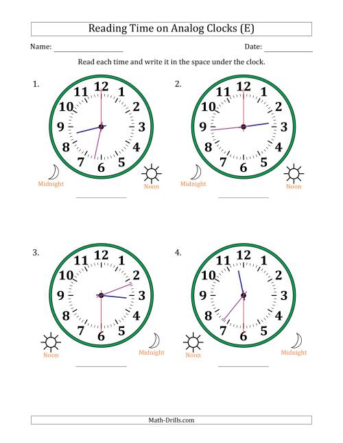 The Reading 12 Hour Time on Analog Clocks in 30 Second Intervals (4 Large Clocks) (E) Math Worksheet