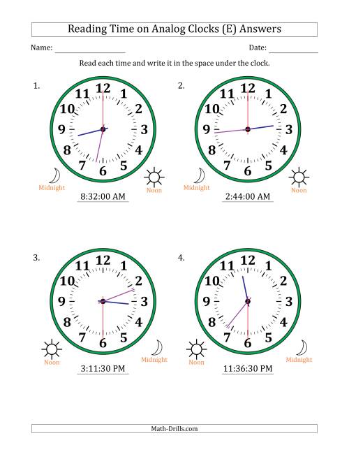 The Reading 12 Hour Time on Analog Clocks in 30 Second Intervals (4 Large Clocks) (E) Math Worksheet Page 2