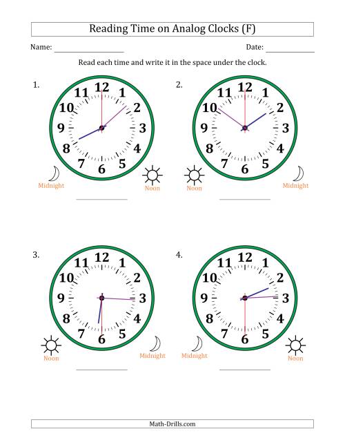 The Reading 12 Hour Time on Analog Clocks in 30 Second Intervals (4 Large Clocks) (F) Math Worksheet