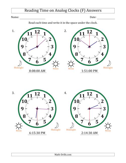 The Reading 12 Hour Time on Analog Clocks in 30 Second Intervals (4 Large Clocks) (F) Math Worksheet Page 2