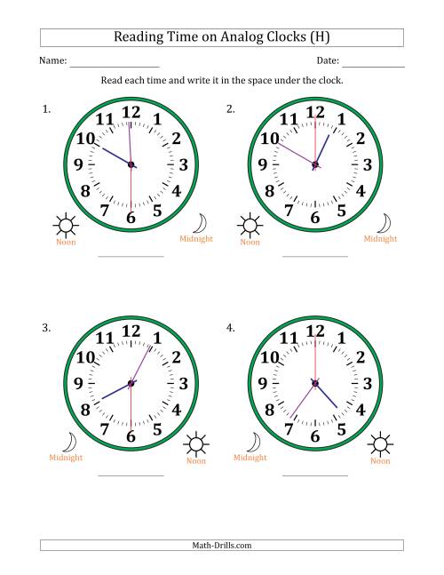 The Reading 12 Hour Time on Analog Clocks in 30 Second Intervals (4 Large Clocks) (H) Math Worksheet