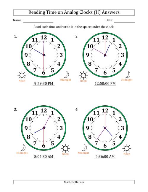 The Reading 12 Hour Time on Analog Clocks in 30 Second Intervals (4 Large Clocks) (H) Math Worksheet Page 2