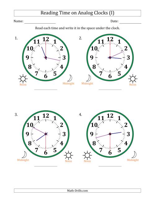 The Reading 12 Hour Time on Analog Clocks in 30 Second Intervals (4 Large Clocks) (I) Math Worksheet