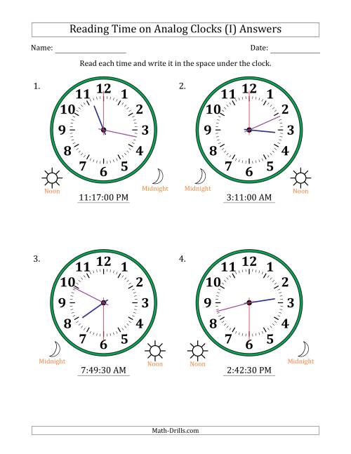 The Reading 12 Hour Time on Analog Clocks in 30 Second Intervals (4 Large Clocks) (I) Math Worksheet Page 2