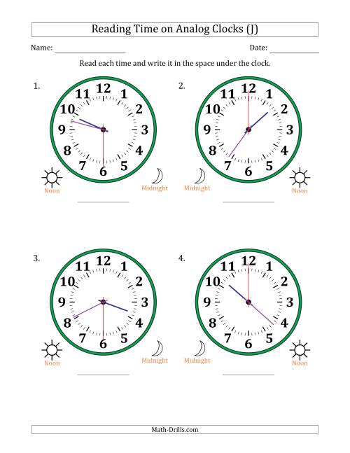 The Reading 12 Hour Time on Analog Clocks in 30 Second Intervals (4 Large Clocks) (J) Math Worksheet