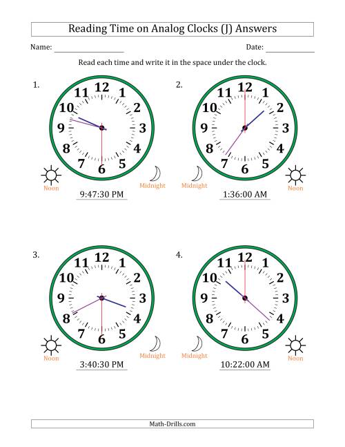 The Reading 12 Hour Time on Analog Clocks in 30 Second Intervals (4 Large Clocks) (J) Math Worksheet Page 2