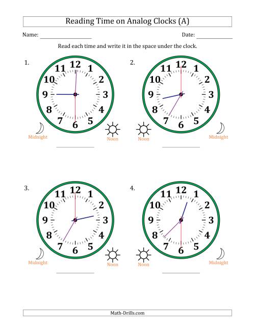 The Reading 12 Hour Time on Analog Clocks in 30 Second Intervals (4 Large Clocks) (All) Math Worksheet