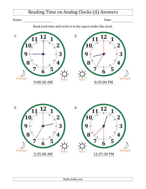 The Reading 12 Hour Time on Analog Clocks in 30 Second Intervals (4 Large Clocks) (All) Math Worksheet Page 2