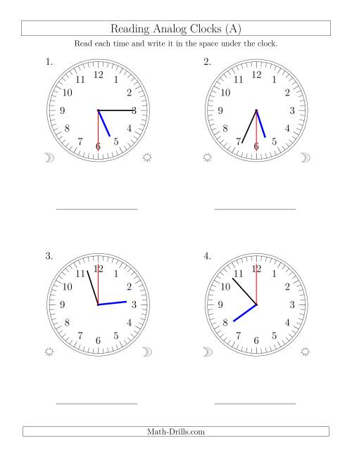 The Reading Time on 12 Hour Analog Clocks in 30 Second Intervals (Large Clocks) (Old) Math Worksheet