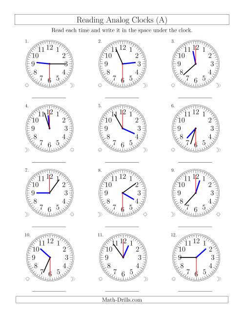 The Reading Time on 12 Hour Analog Clocks in 30 Second Intervals (Old) Math Worksheet