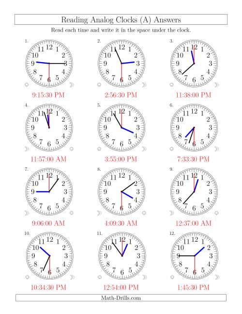 The Reading Time on 12 Hour Analog Clocks in 30 Second Intervals (Old) Math Worksheet Page 2