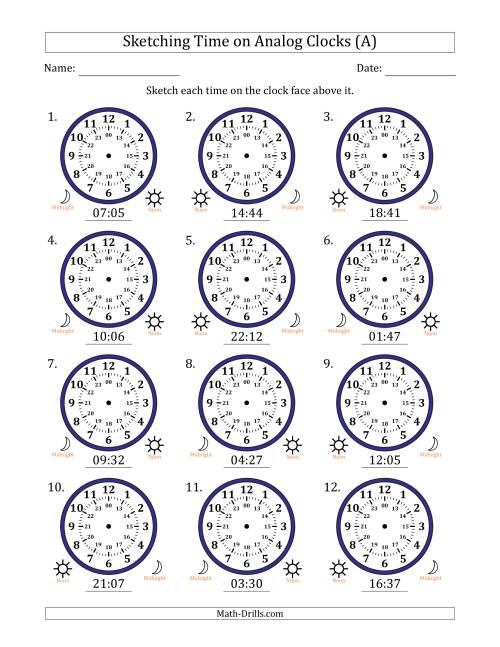 The Sketching 24 Hour Time on Analog Clocks in 1 Minute Intervals (12 Clocks) (A) Math Worksheet