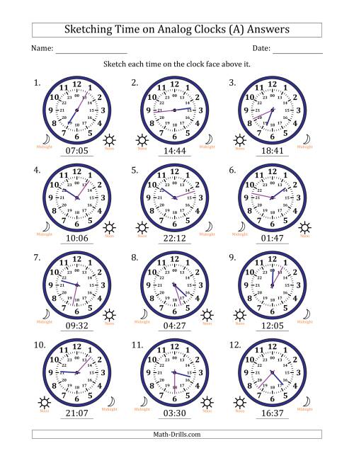 The Sketching 24 Hour Time on Analog Clocks in 1 Minute Intervals (12 Clocks) (A) Math Worksheet Page 2