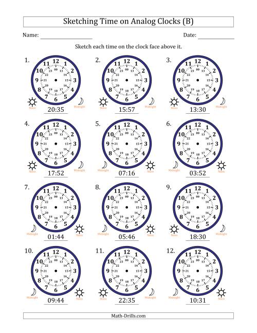 The Sketching 24 Hour Time on Analog Clocks in 1 Minute Intervals (12 Clocks) (B) Math Worksheet