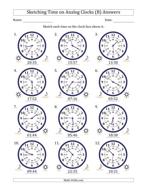 The Sketching 24 Hour Time on Analog Clocks in 1 Minute Intervals (12 Clocks) (B) Math Worksheet Page 2