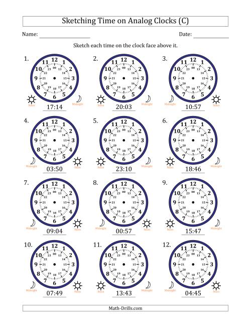 The Sketching 24 Hour Time on Analog Clocks in 1 Minute Intervals (12 Clocks) (C) Math Worksheet