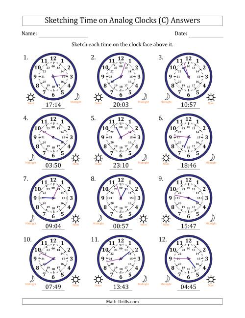 The Sketching 24 Hour Time on Analog Clocks in 1 Minute Intervals (12 Clocks) (C) Math Worksheet Page 2