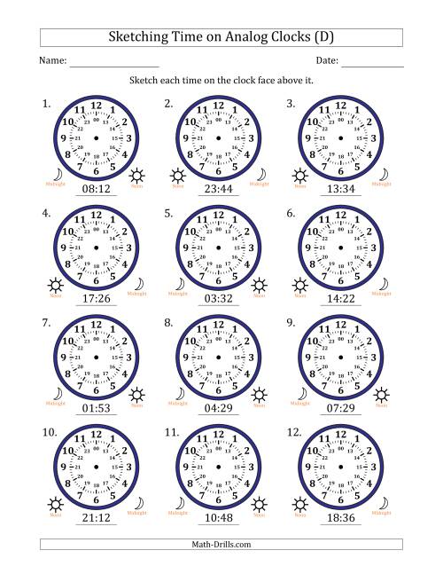 The Sketching 24 Hour Time on Analog Clocks in 1 Minute Intervals (12 Clocks) (D) Math Worksheet