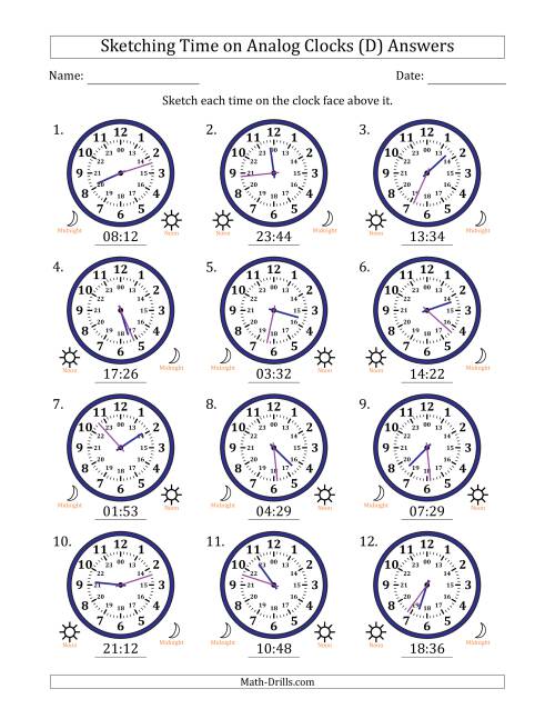 The Sketching 24 Hour Time on Analog Clocks in 1 Minute Intervals (12 Clocks) (D) Math Worksheet Page 2
