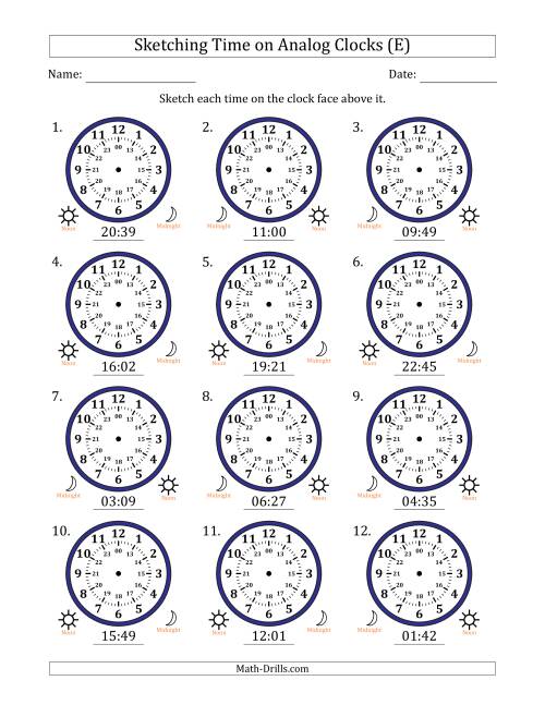 The Sketching 24 Hour Time on Analog Clocks in 1 Minute Intervals (12 Clocks) (E) Math Worksheet