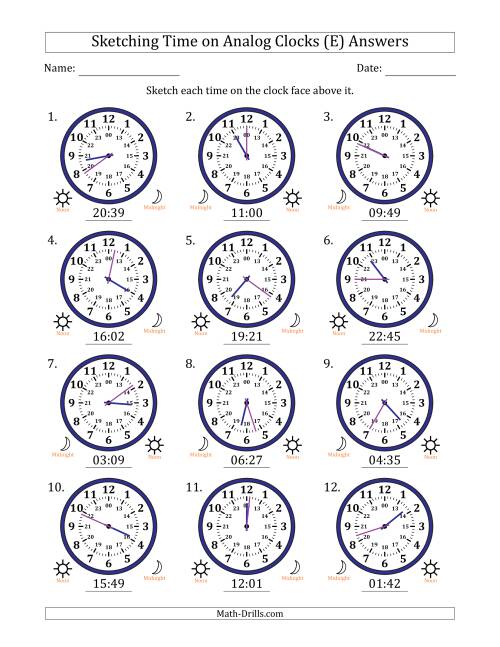 The Sketching 24 Hour Time on Analog Clocks in 1 Minute Intervals (12 Clocks) (E) Math Worksheet Page 2