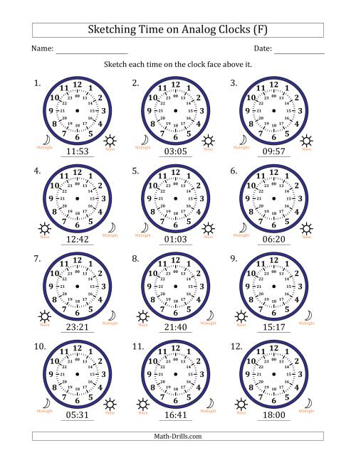The Sketching 24 Hour Time on Analog Clocks in 1 Minute Intervals (12 Clocks) (F) Math Worksheet