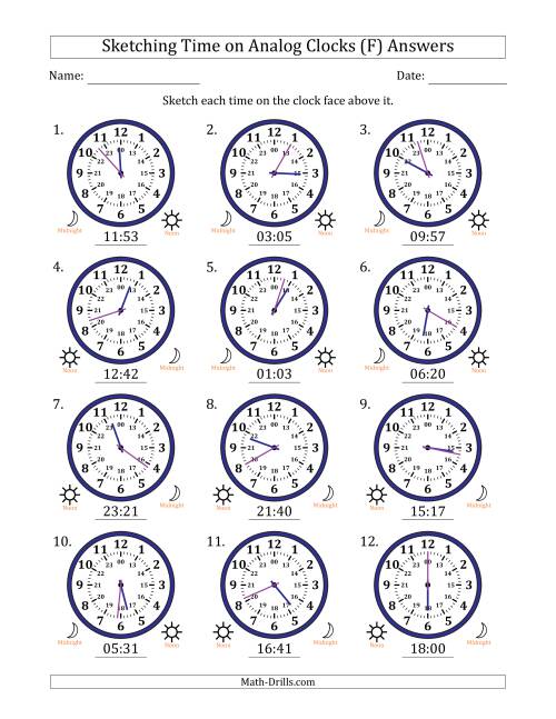 The Sketching 24 Hour Time on Analog Clocks in 1 Minute Intervals (12 Clocks) (F) Math Worksheet Page 2