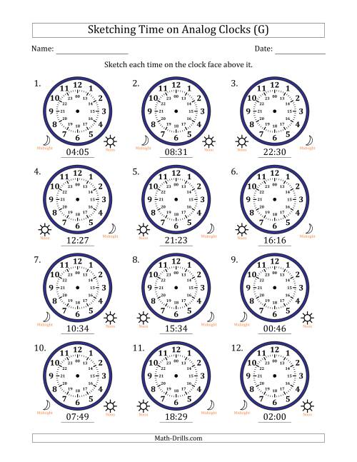 The Sketching 24 Hour Time on Analog Clocks in 1 Minute Intervals (12 Clocks) (G) Math Worksheet