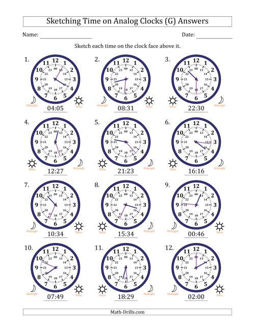 The Sketching 24 Hour Time on Analog Clocks in 1 Minute Intervals (12 Clocks) (G) Math Worksheet Page 2