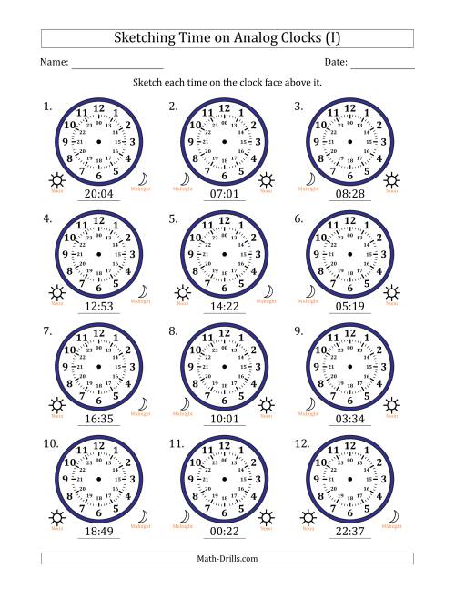 The Sketching 24 Hour Time on Analog Clocks in 1 Minute Intervals (12 Clocks) (I) Math Worksheet