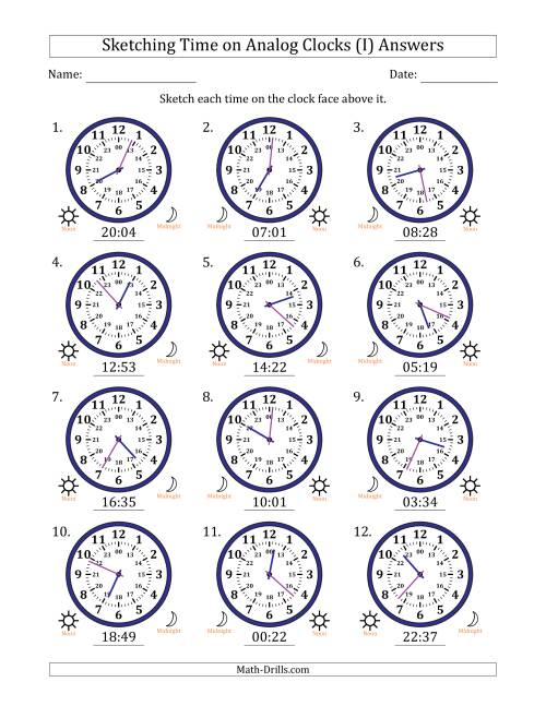 The Sketching 24 Hour Time on Analog Clocks in 1 Minute Intervals (12 Clocks) (I) Math Worksheet Page 2