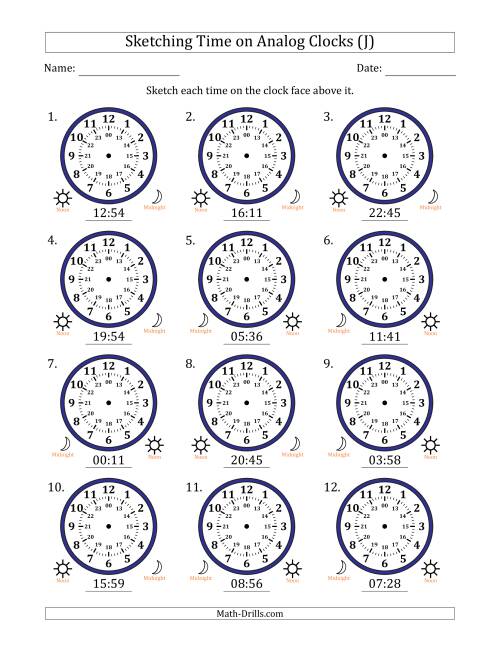 The Sketching 24 Hour Time on Analog Clocks in 1 Minute Intervals (12 Clocks) (J) Math Worksheet