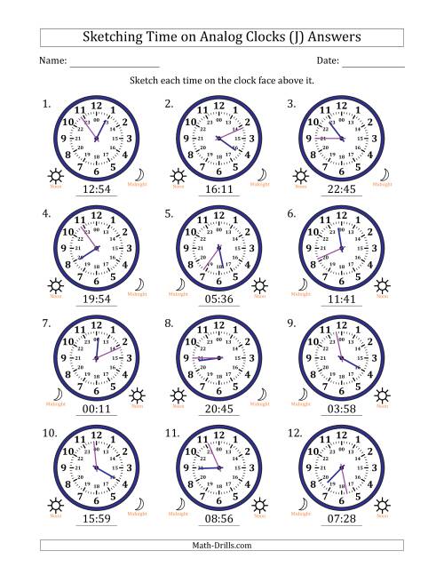 The Sketching 24 Hour Time on Analog Clocks in 1 Minute Intervals (12 Clocks) (J) Math Worksheet Page 2
