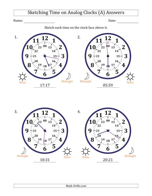 The Sketching 24 Hour Time on Analog Clocks in 1 Minute Intervals (4 Large Clocks) (A) Math Worksheet Page 2