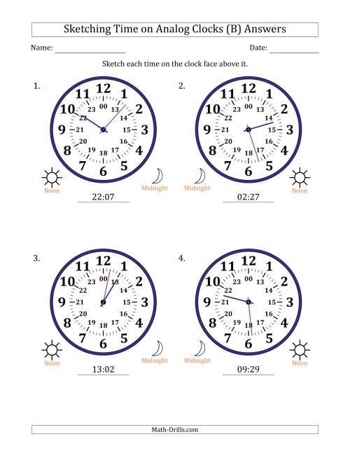 The Sketching 24 Hour Time on Analog Clocks in 1 Minute Intervals (4 Large Clocks) (B) Math Worksheet Page 2
