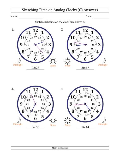 The Sketching 24 Hour Time on Analog Clocks in 1 Minute Intervals (4 Large Clocks) (C) Math Worksheet Page 2