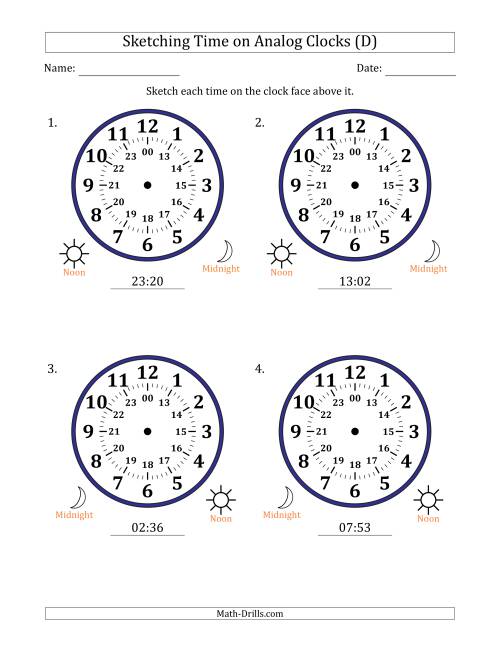 The Sketching 24 Hour Time on Analog Clocks in 1 Minute Intervals (4 Large Clocks) (D) Math Worksheet