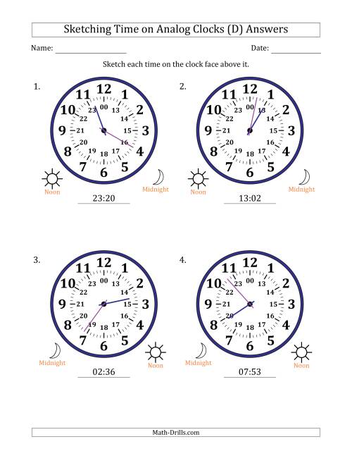 The Sketching 24 Hour Time on Analog Clocks in 1 Minute Intervals (4 Large Clocks) (D) Math Worksheet Page 2