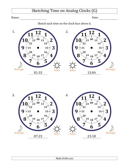 The Sketching 24 Hour Time on Analog Clocks in 1 Minute Intervals (4 Large Clocks) (G) Math Worksheet