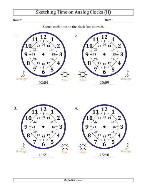 The Sketching 24 Hour Time on Analog Clocks in 1 Minute Intervals (4 Large Clocks) (H) Math Worksheet