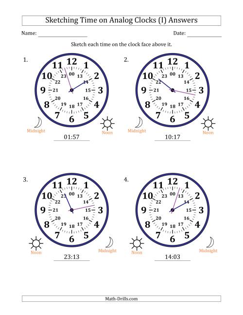 The Sketching 24 Hour Time on Analog Clocks in 1 Minute Intervals (4 Large Clocks) (I) Math Worksheet Page 2